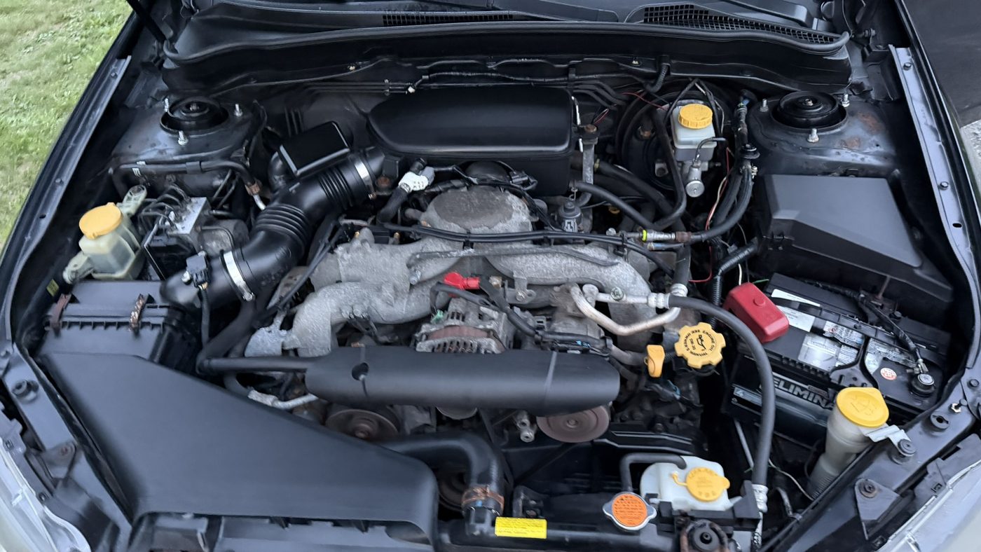 Subaru engine bay after being cleaned and dressed
